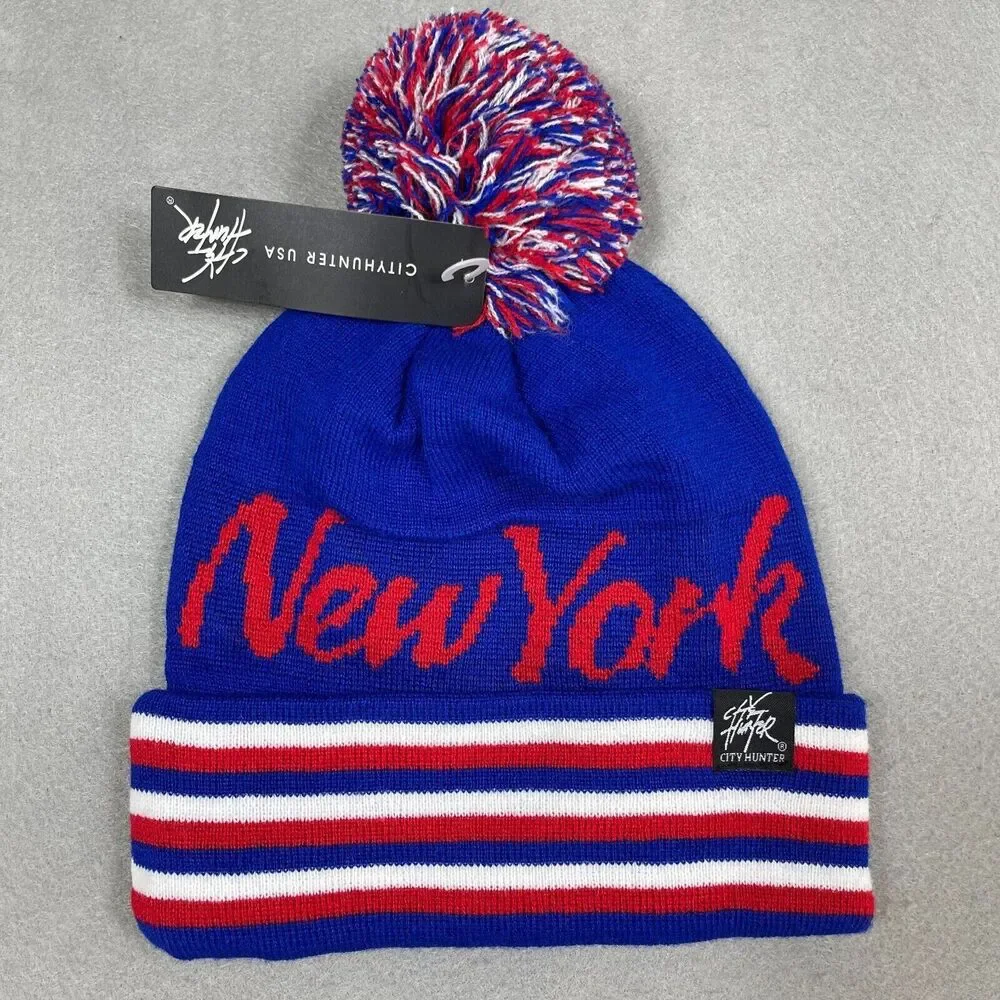 New York City Beanie Cuffed Pom Pom Beanie Cap Hat Unisex City Hunter